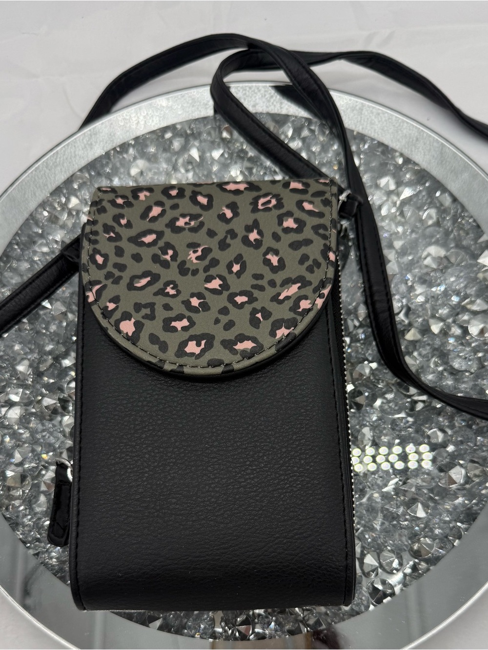 Black Crossbody Phone Bag with Pink and Olive Leopard Flap faux leather